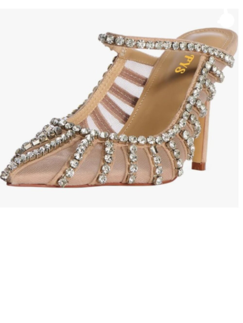 FYS Nude Pointed Toe Slip on Mules Rhinestone Studded Stiletto High Heel Sandals
